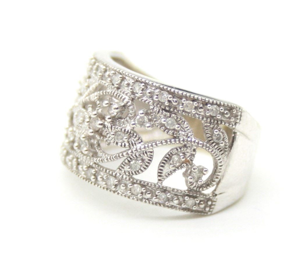 Wide Band Rings With Diamonds
 14k White Gold Wide Band Ring with Round Cut Diamonds