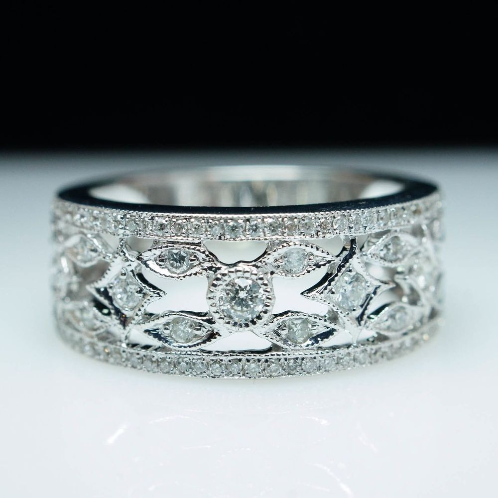 Wide Band Rings With Diamonds
 Vintage Style 60ct Diamond 14k White Gold Wedding Wide