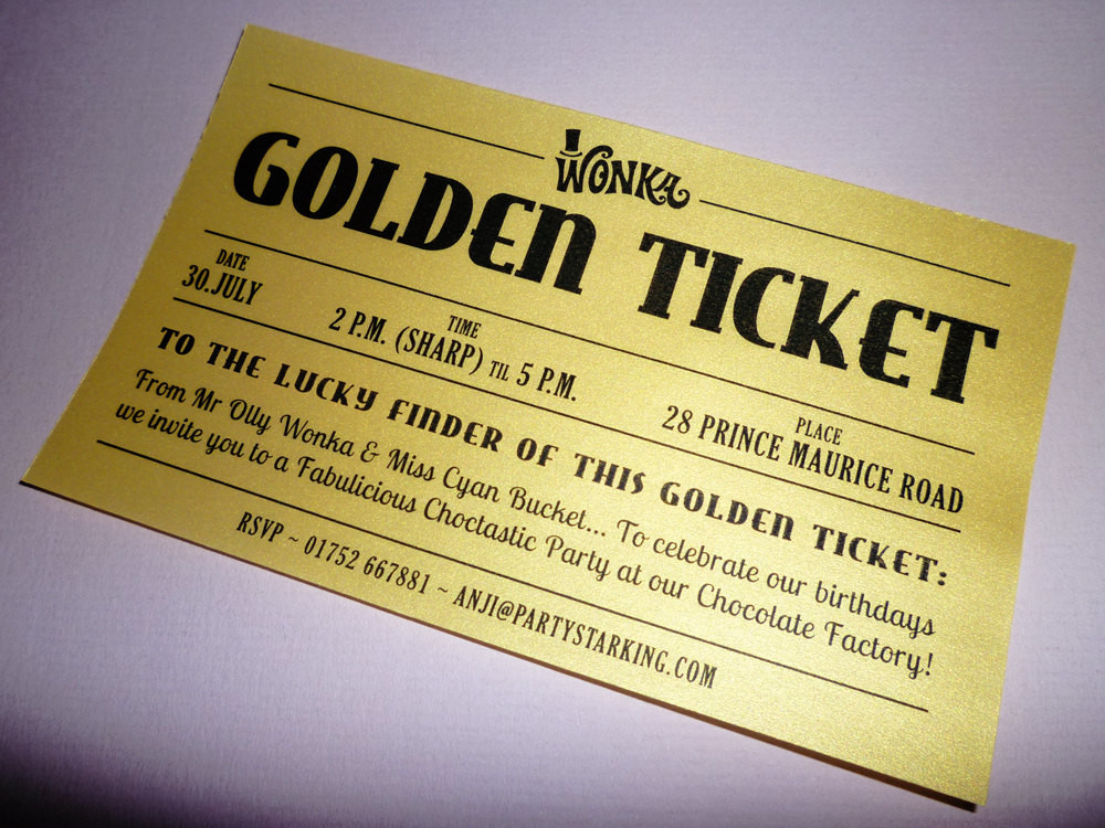 Willy Wonka Birthday Invitations
 Golden Ticket party invitations printed Willy Wonka invitation