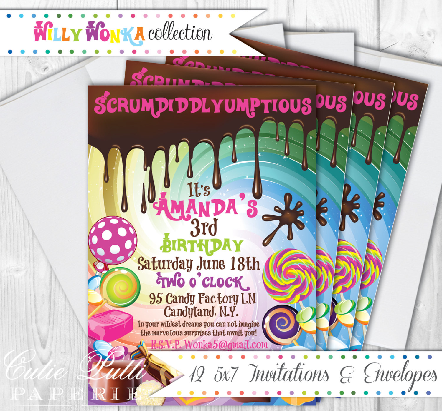 Willy Wonka Birthday Invitations
 Willy Wonka Party Invitations 5x7 Custom Invitations by Cutie