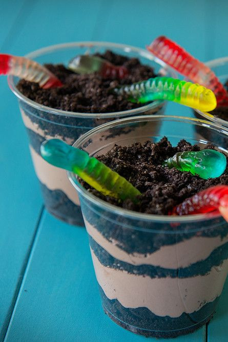 Worms In Dirt Dessert
 Gummy Earthworms Oreos chocolate pudding and gummy worms