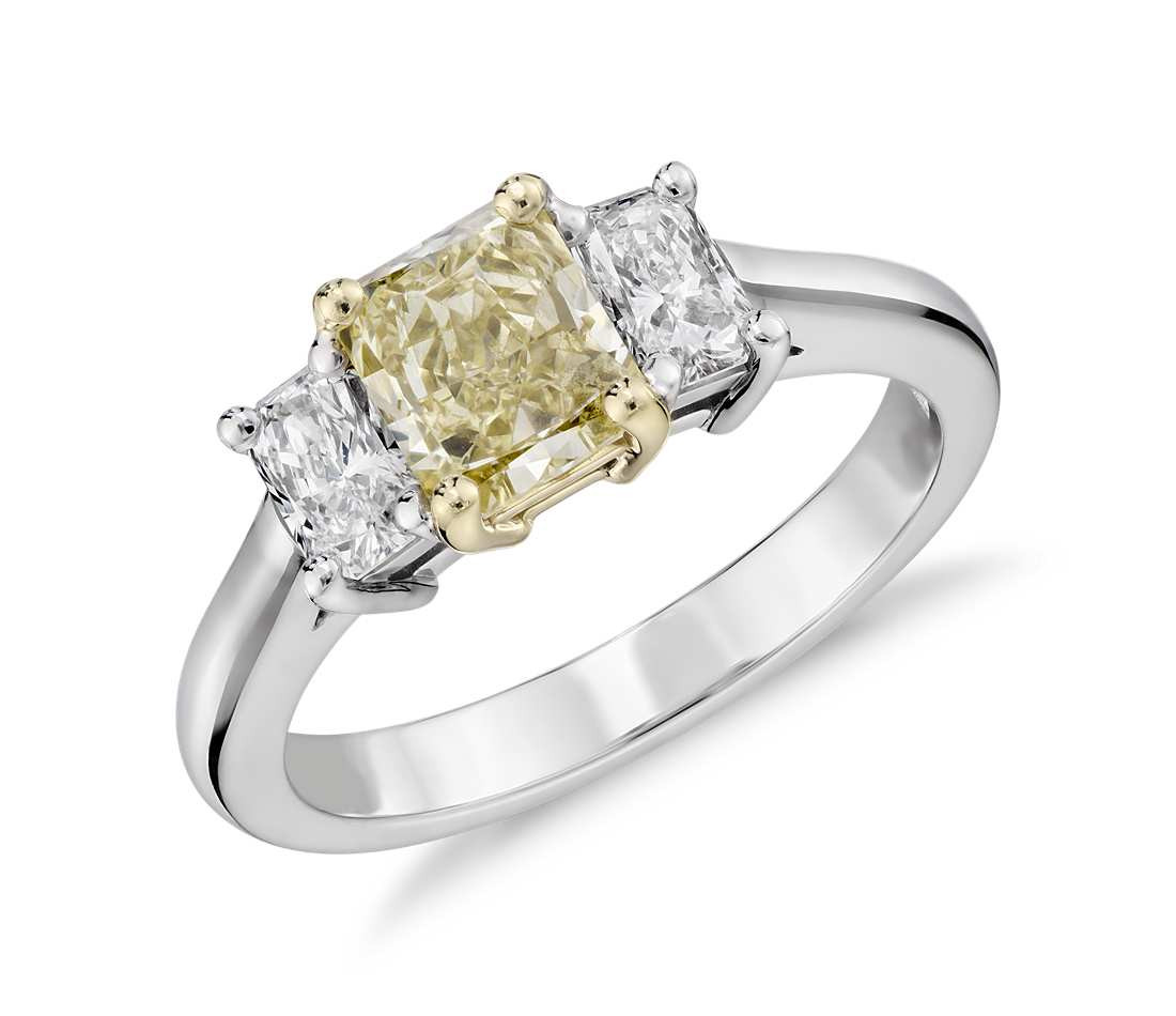 Yellow Diamond Rings
 Fancy Light Yellow Diamond Three Stone Ring in 18k White
