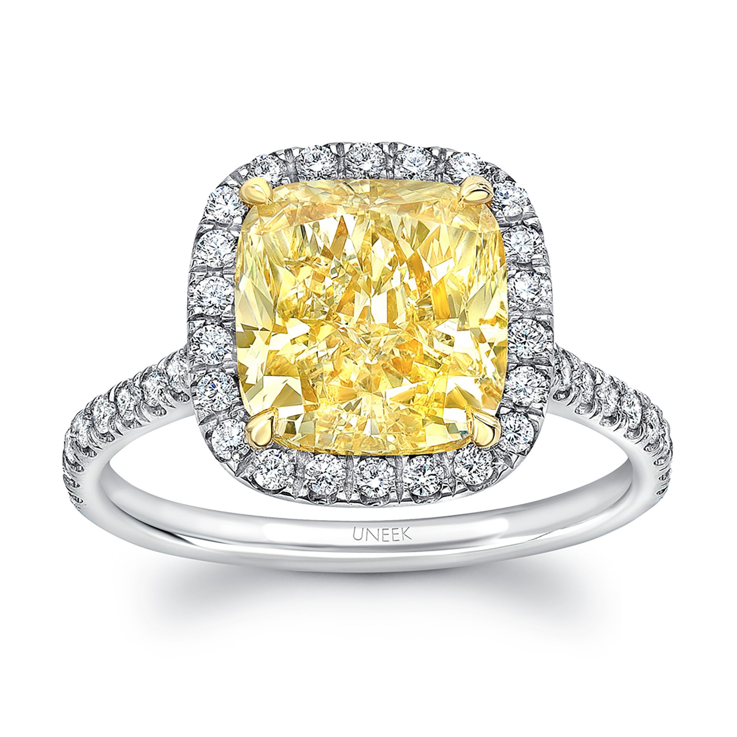 Yellow Diamond Rings
 Uneek Classic Cushion Cut Fancy Yellow Diamond Halo