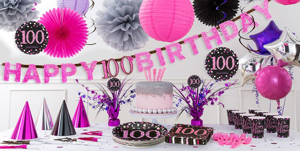 100th Birthday Decorations
 Pink Sparkling Celebration 100th Birthday Party Supplies