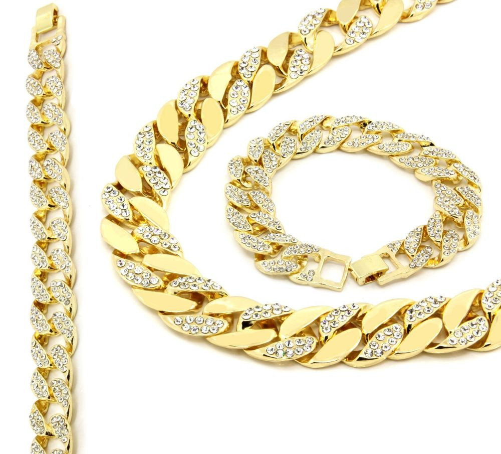 14k Gold Chain Necklace
 14k Gold Finish Iced Out Hip Hop CZ Chain & Bracelet Mens