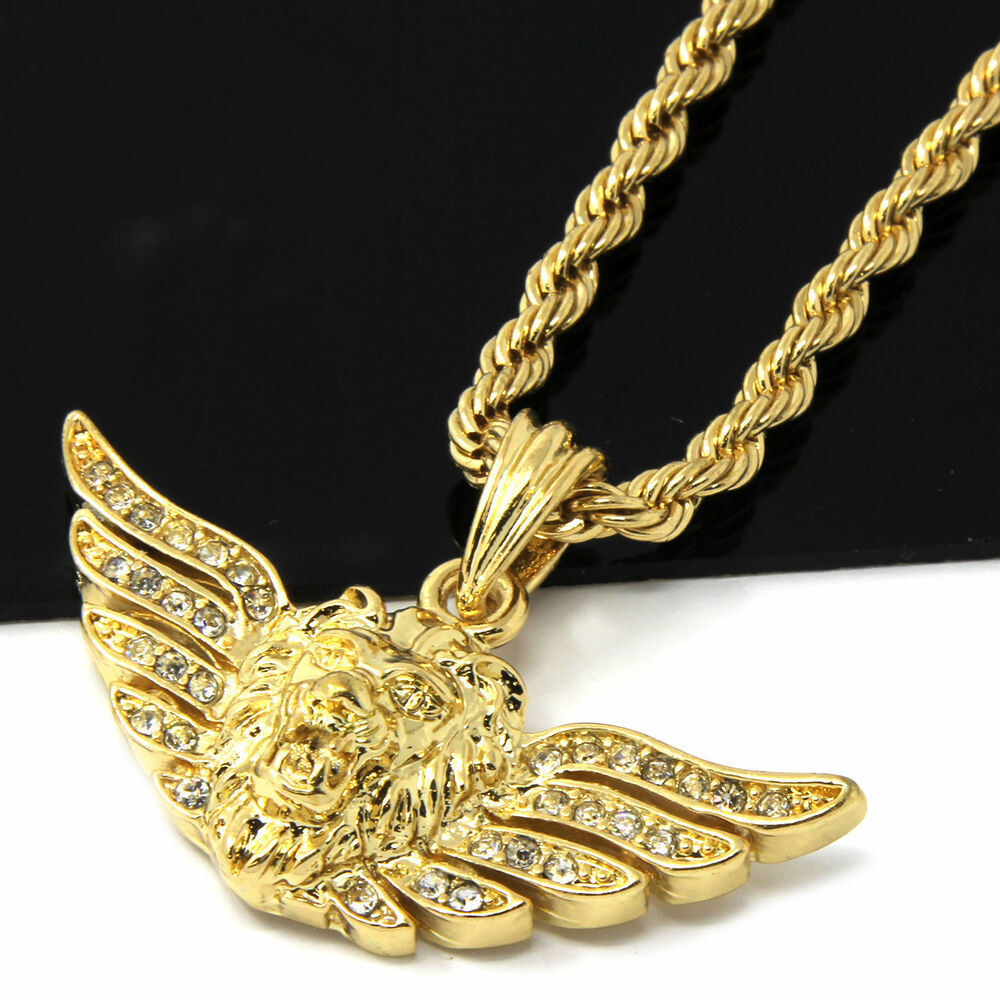 14k Gold Chain Necklace
 Mens 14k Yellow Gold Plated 24in Iced Out Long Wing Lion