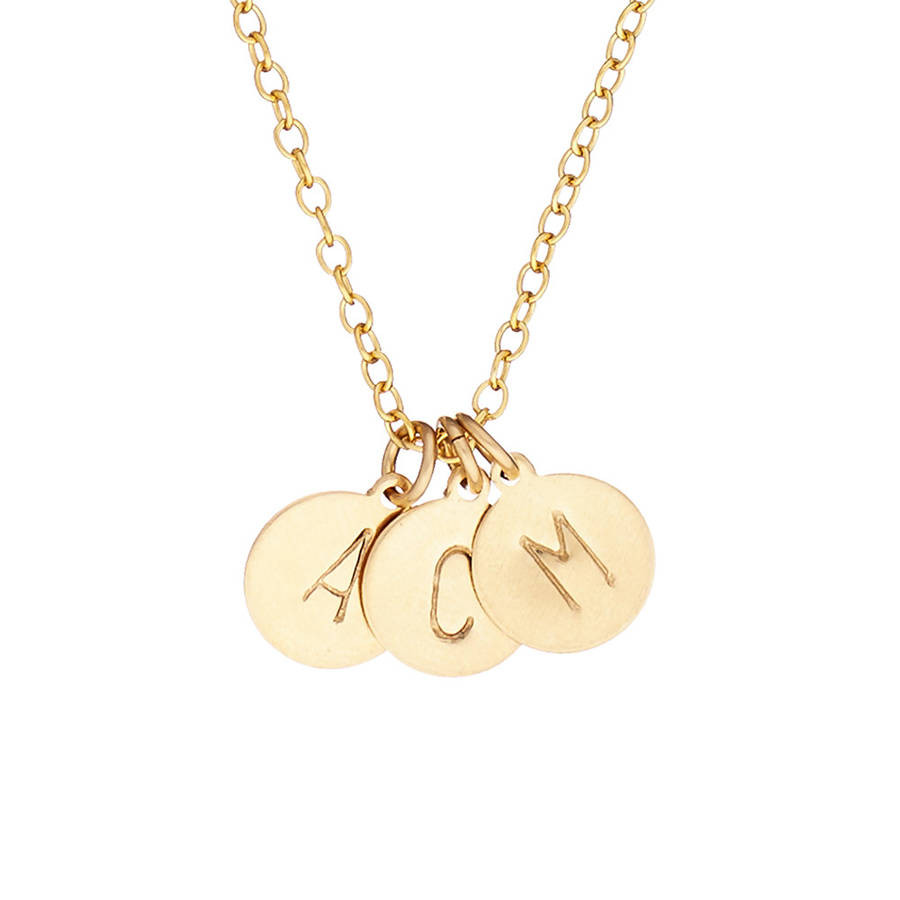 14k Gold Initial Necklace
 14k gold fill initial disc necklace with three initials by