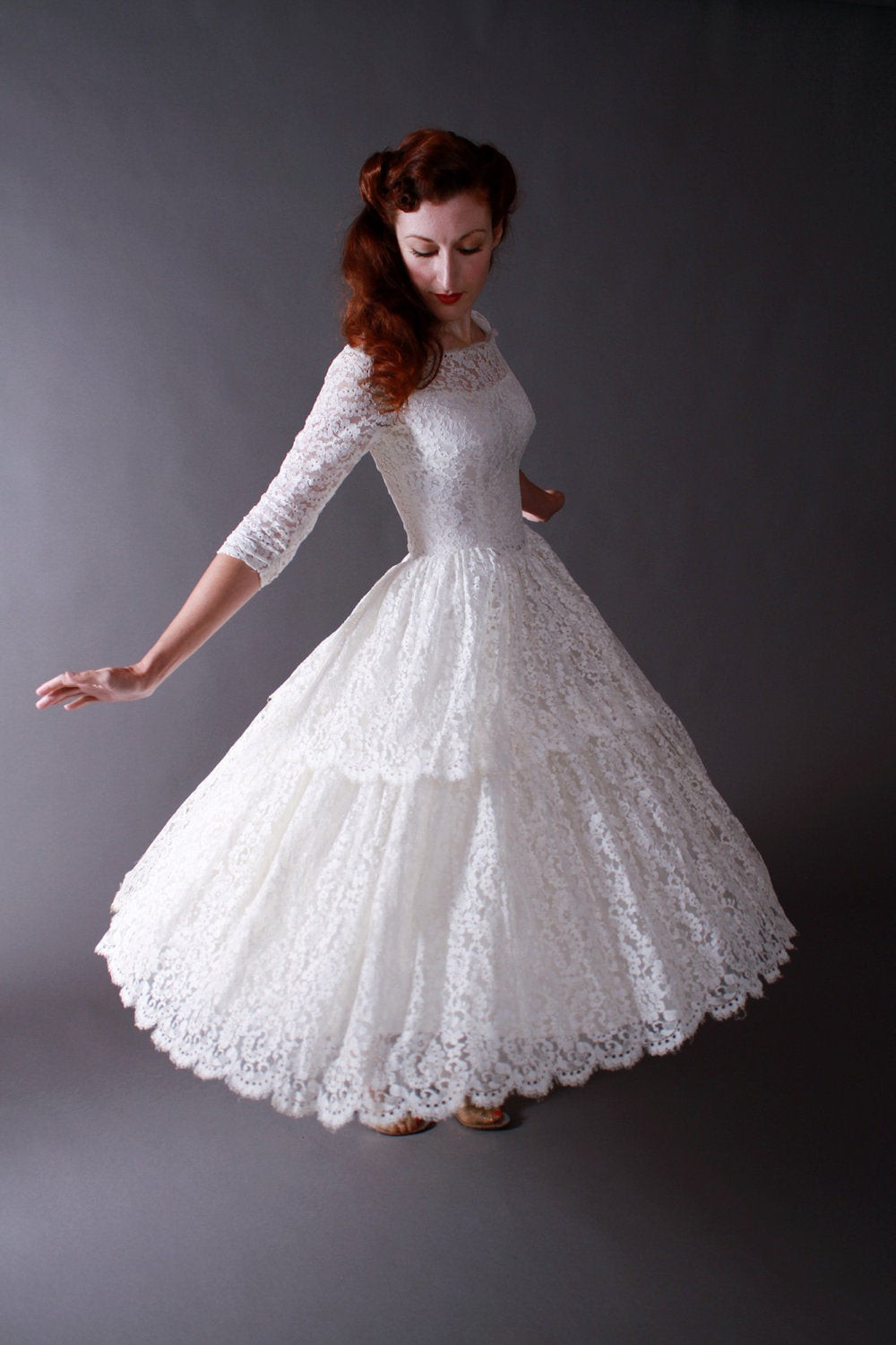 1950s Vintage Wedding Dresses
 Vintage 1950s Tea Length New Look Wedding Dress of Chantilly