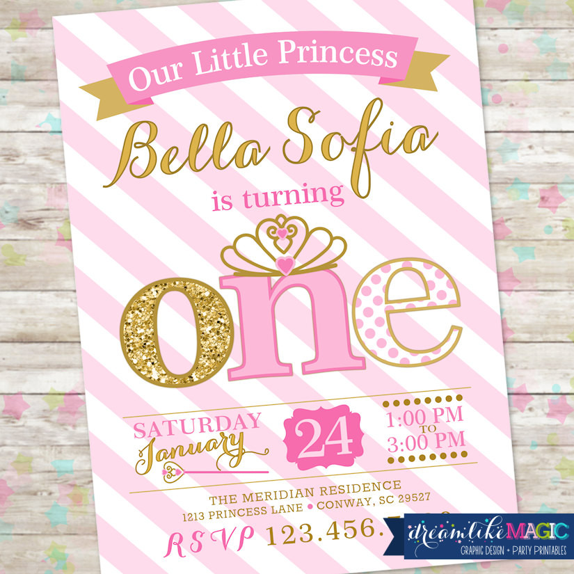 1st Birthday Princess Invitations
 Princess Birthday Invitation 1st Birthday Party Invite Pink