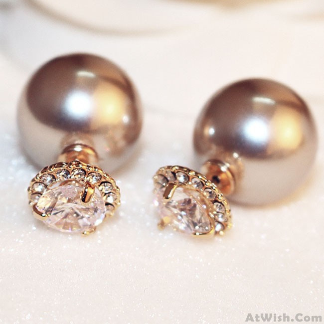 2 Sided Earrings
 Elegant Double Sided Pearl Ball Diamond Earrings Studs