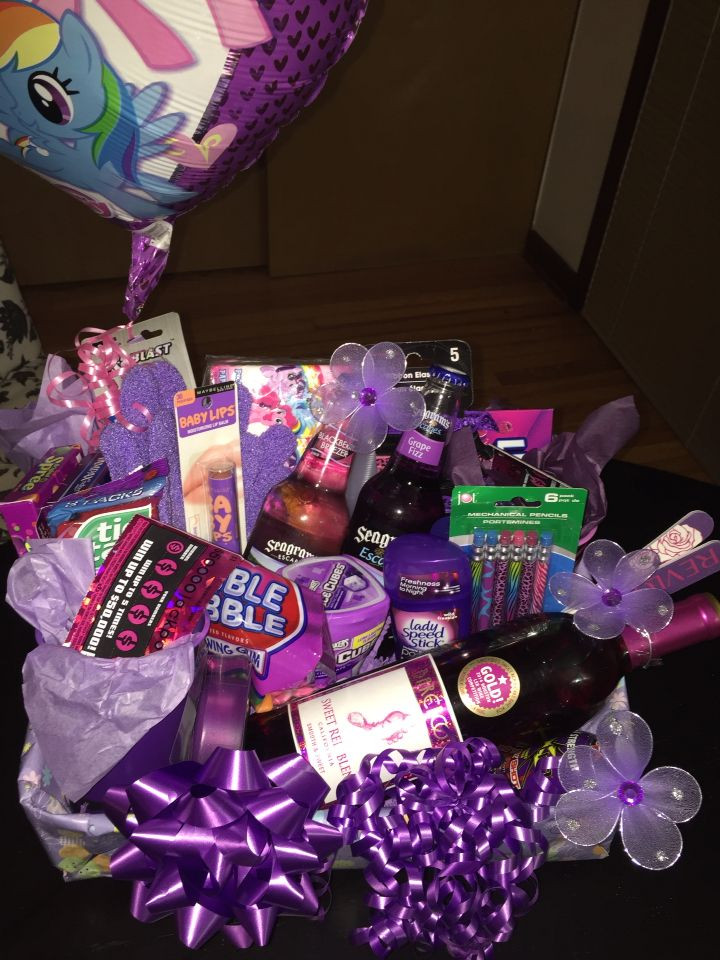 21st Birthday Gift Baskets For Her
 Purple themed 21st birthday t basket for a female