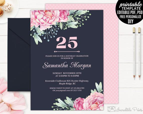 25th Birthday Invitation Wording
 Navy 25th Birthday Invitation Template Printable Pink