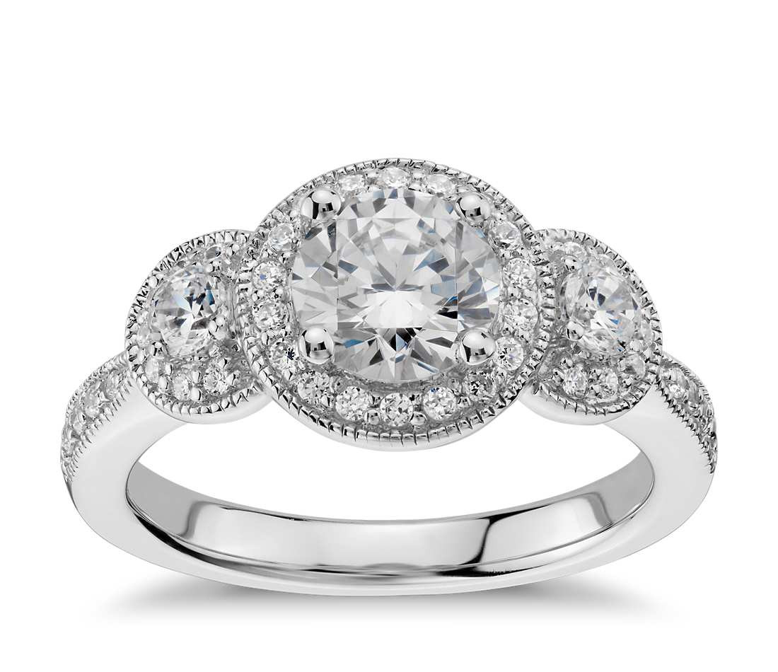 3 Diamond Engagement Ring
 Three Stone Milgrain Halo Diamond Engagement Ring in 14k
