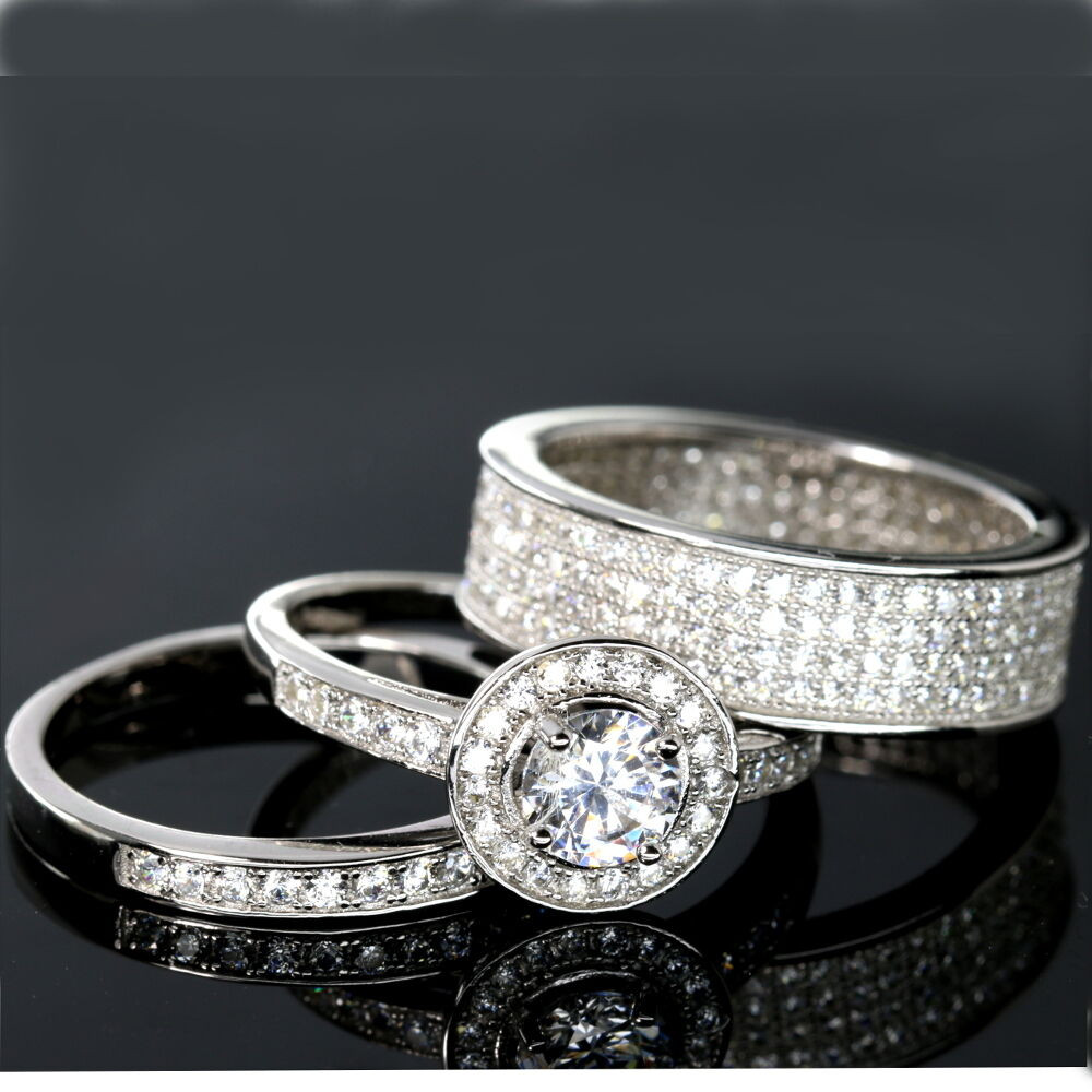 3 Piece Wedding Ring Sets
 WEDDING RINGS 3 piece Halo Engagement Bridal CZ 925