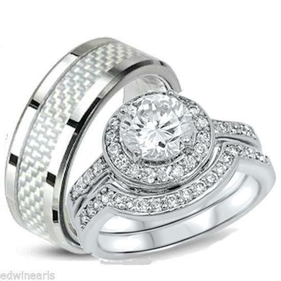 3 Piece Wedding Ring Sets
 His and Hers Wedding Rings 3 Piece Halo Cz Ring Set