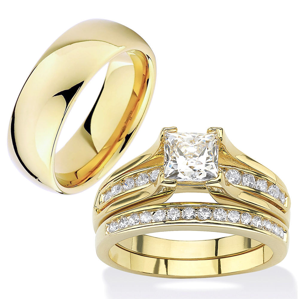 3 Piece Wedding Ring Sets
 HIS & HERS 3 Piece 14K Gold Plated Stainless Steel CZ
