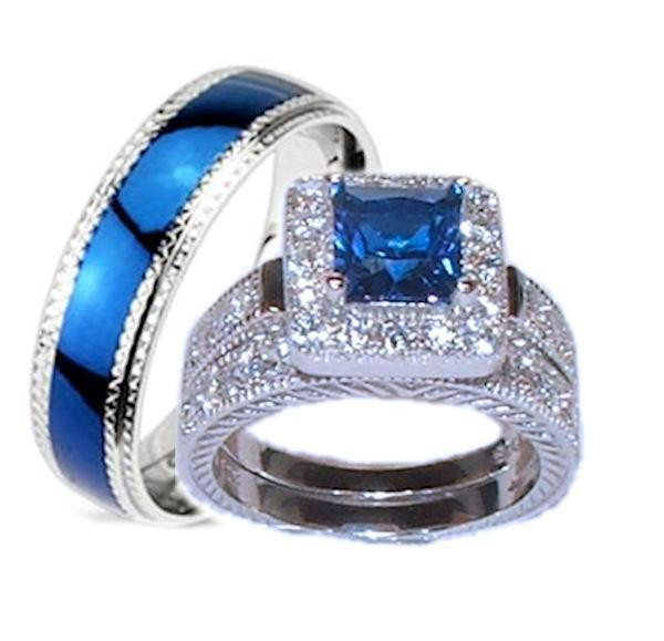 3 Piece Wedding Ring Sets
 His Hers 3 Piece Wedding Ring Set Sapphire Blue Cz