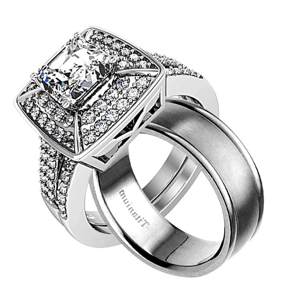 3 Piece Wedding Ring Sets
 His Hers 3 Piece Stainless Steel Cubic Zirconia Wedding
