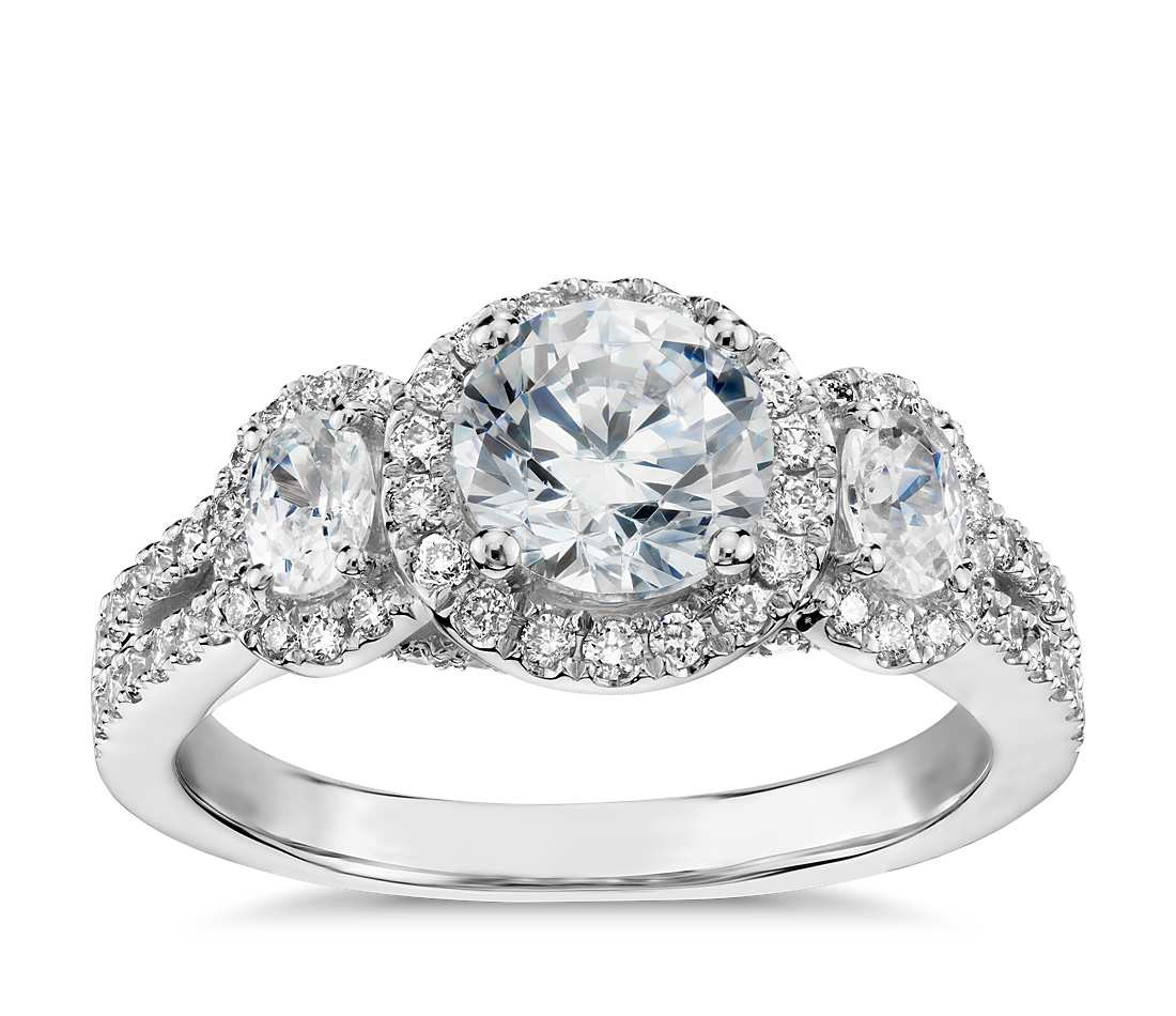 3 Stone Diamond Rings
 Monique Lhuillier Three Stone Halo Pavé Diamond Engagement