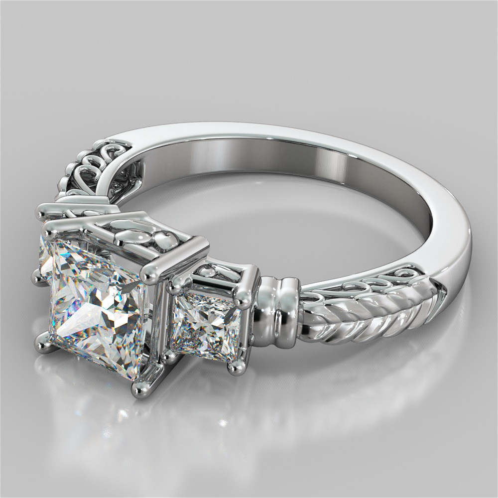 3 Stone Princess Cut Engagement Ring
 Princess Cut Three Stone Filigree Engagement Ring