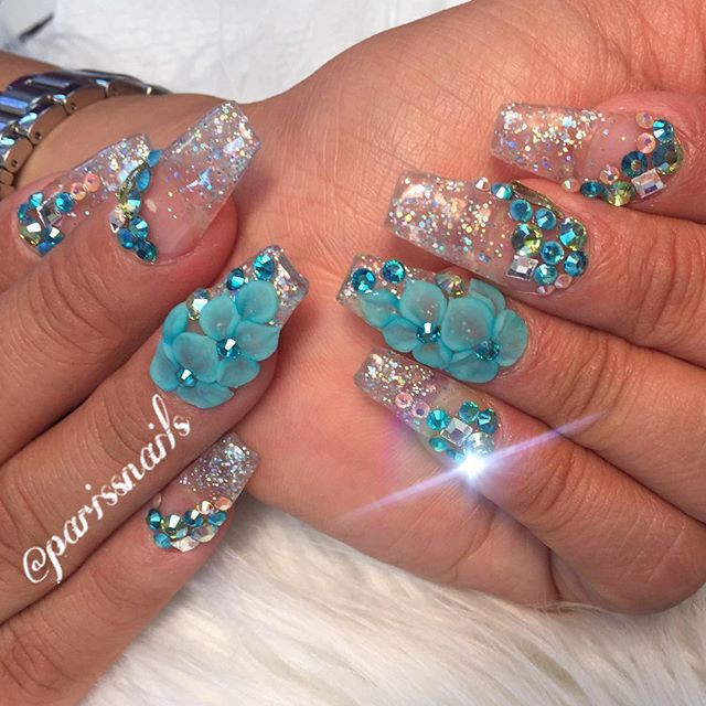 3d Flower Nail Designs
 Glitter 3D flower crystal clear nail art