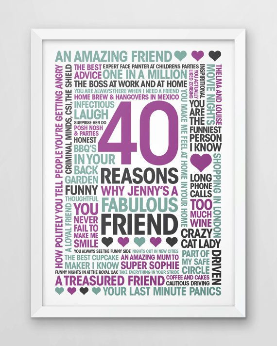 40Th Birthday Gift Ideas For Friend
 Personalised 40 reasons for friend 40th birthday print