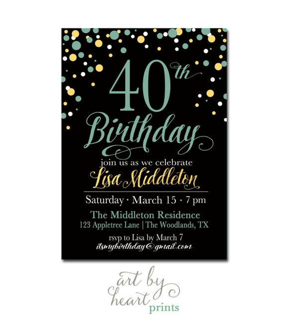 40th Birthday Invitation Ideas
 Girl Birthday Invitation 40th Birthday by ArtByHeartPrints