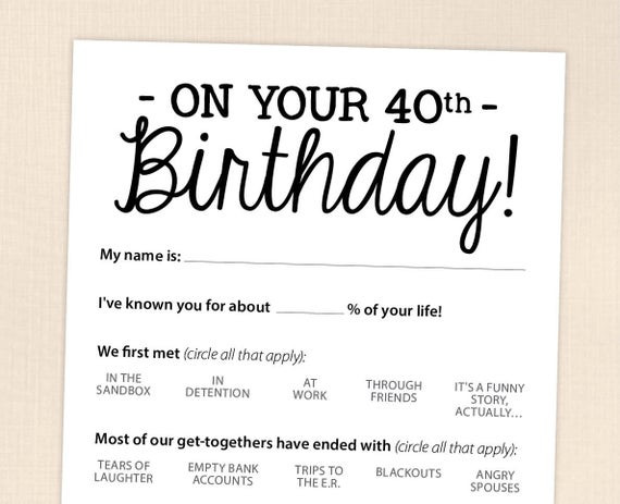 40th Birthday Party Activities
 40th Birthday Party Game Card Funny Milestone Printable PDF