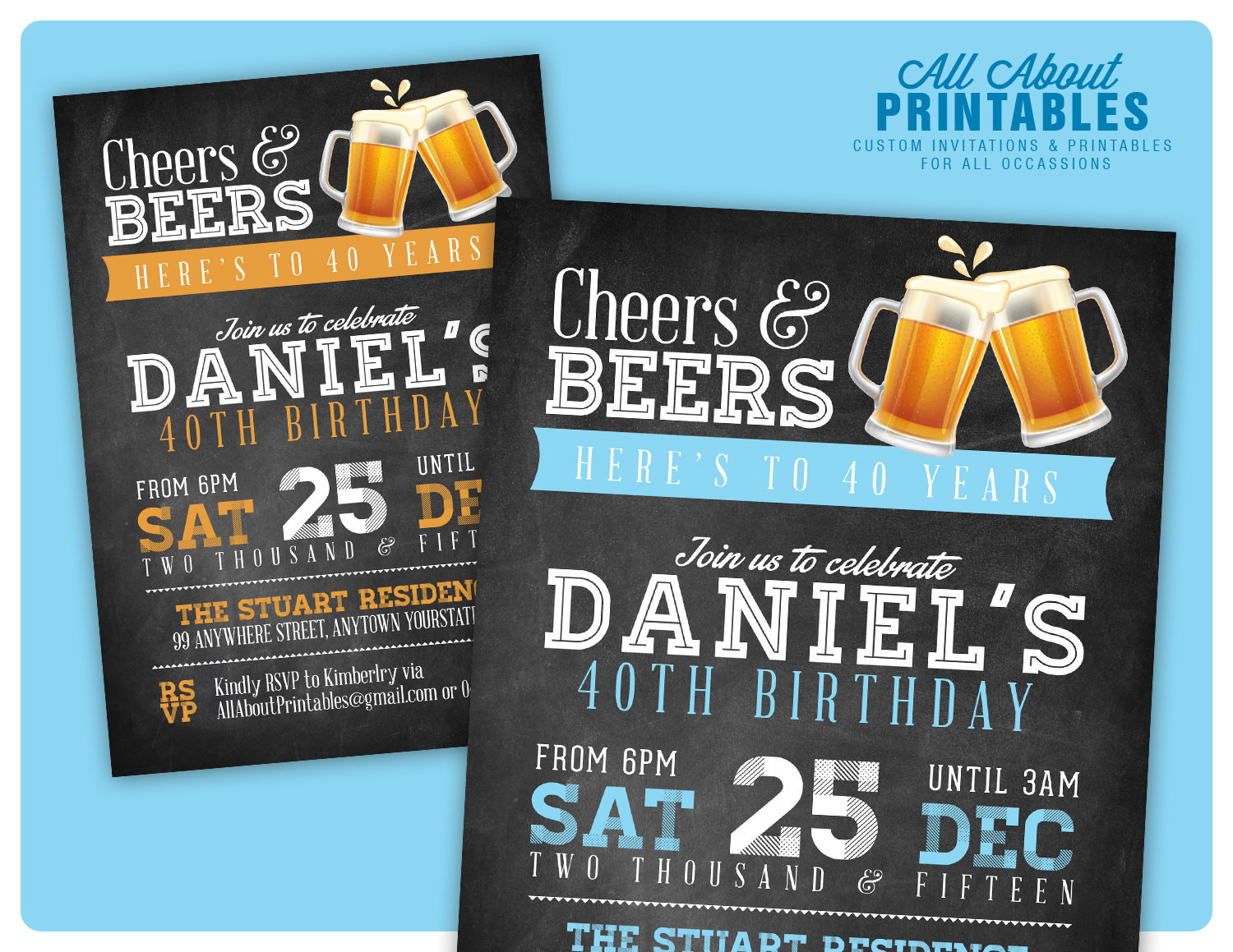 40th Birthday Party Invitations
 40th birthday invitation for Men Cheers & Beers invitation