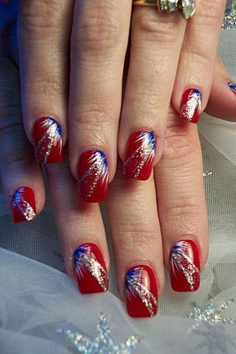4th Of July Acrylic Nail Designs
 4th of July nails red nails with blue white fan brush