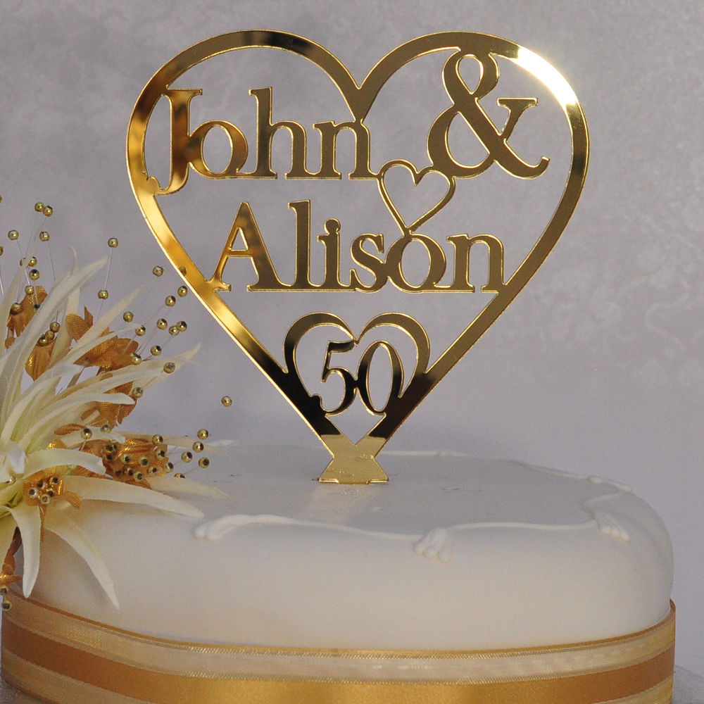 50th Wedding Anniversary Cake Topper
 Personalised Names Heart Cake Topper 50th Golden