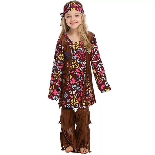 60S Flower Child Fashion
 Kids Girls Halloween 60s 70s Vintage Hippie Fringe Floral
