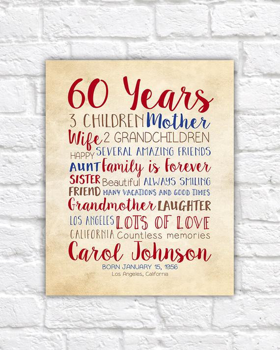 60Th Birthday Gift Ideas
 Birthday Gift for Mom 60th Birthday 60 Years Old Gift for