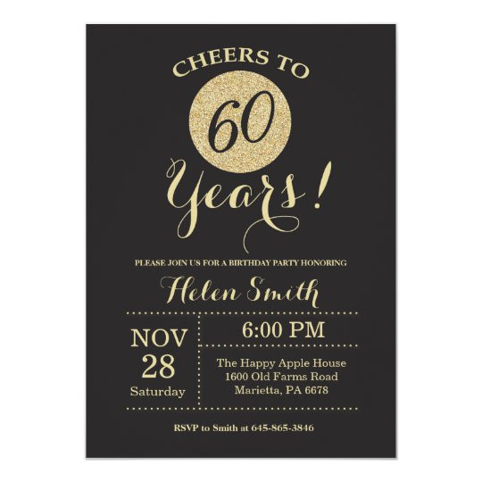 60th Birthday Invitations
 60th Birthday Invitation Black and Gold Glitter