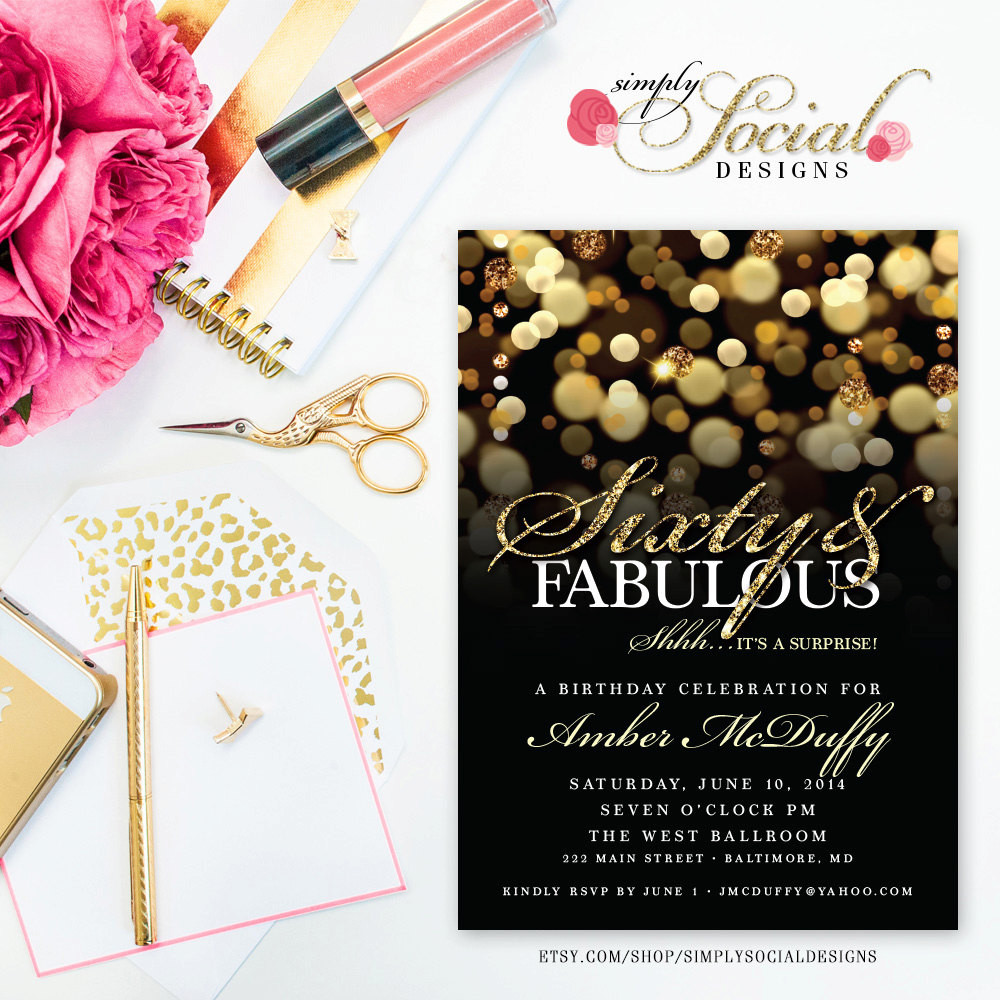 60th Birthday Invitations
 Surprise 60th Birthday Party Invitation with Gold Glitter