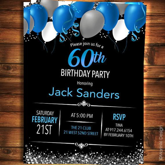 60th Birthday Invitations
 60th Birthday Invitation for Men Black Blue Elegant
