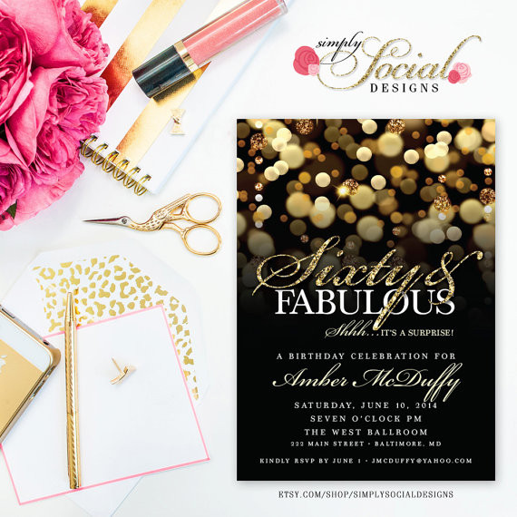 60th Birthday Party Invitations
 Surprise 60th Birthday Party Invitation with Gold Glitter