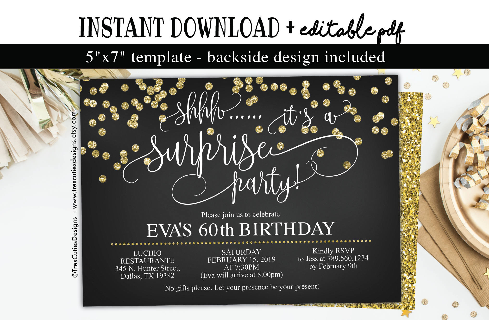 60th Birthday Party Invitations
 Surprise birthday invitation 60th birthday Party Black