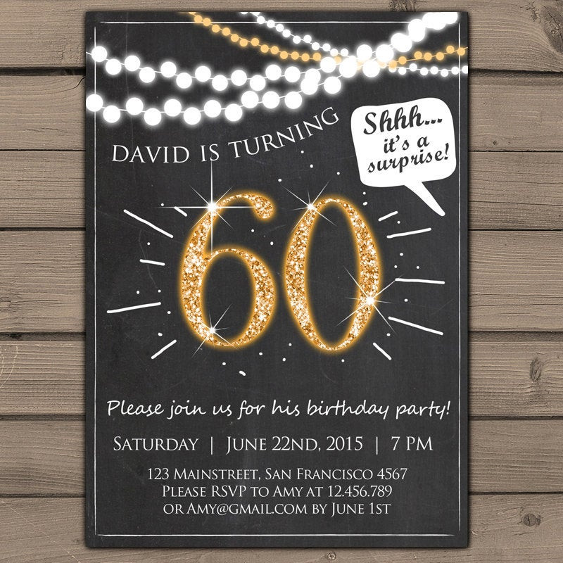 60th Birthday Party Invitations
 60th birthday invitation Gold Glitter Surprise Party