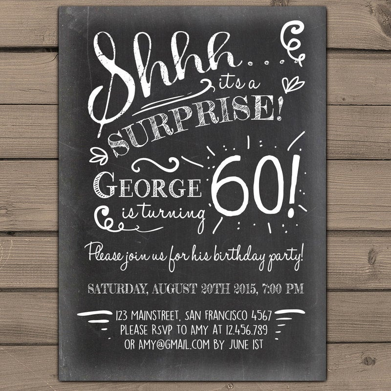 60th Birthday Party Invitations
 Surprise 60th birthday invitation Chalkboard invitation