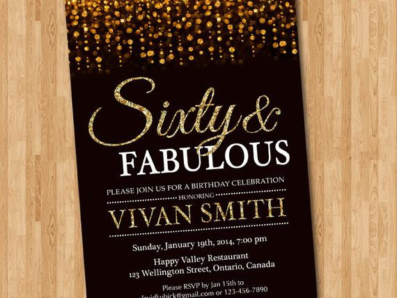 60th Birthday Party Invitations
 60th birthday invitation women Sixty and fabulous Gold