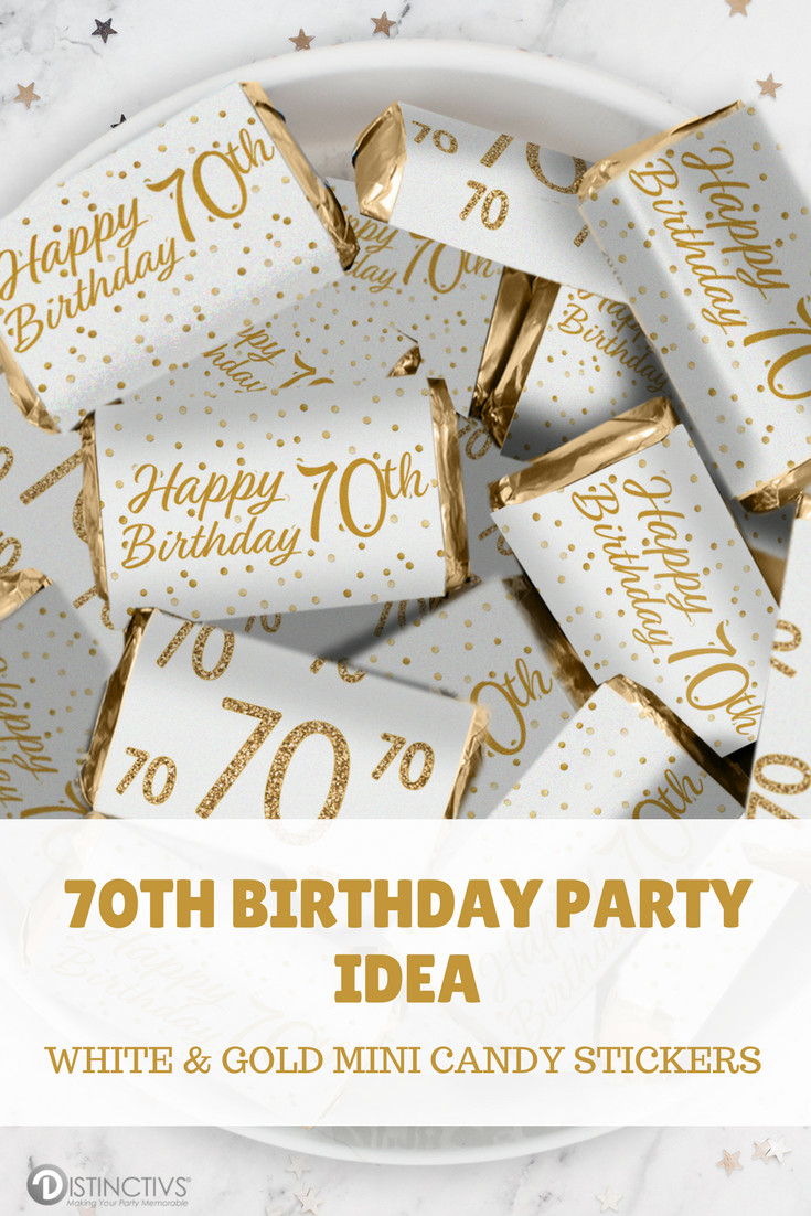 70Th Birthday Gift Ideas For Mom
 White and Gold 70th Birthday Party Mini Candy Bar Stickers