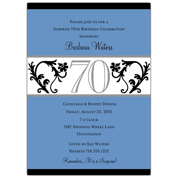 70th Birthday Invitation Wording
 Elegant Vine Blue 70th Birthday Invitations