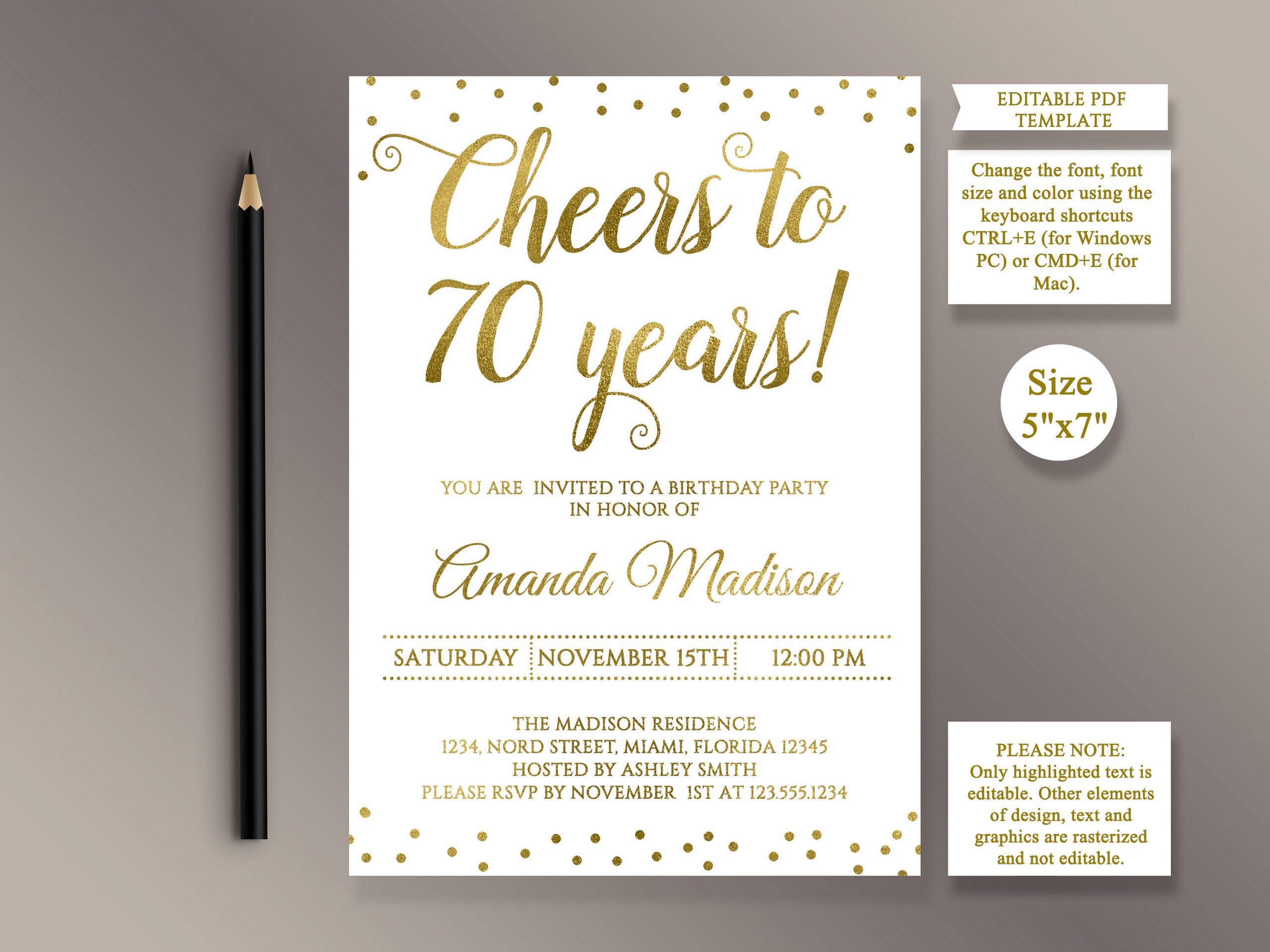70th Birthday Invitation Wording
 EDITABLE 70th Birthday party Invitation template Cheers to