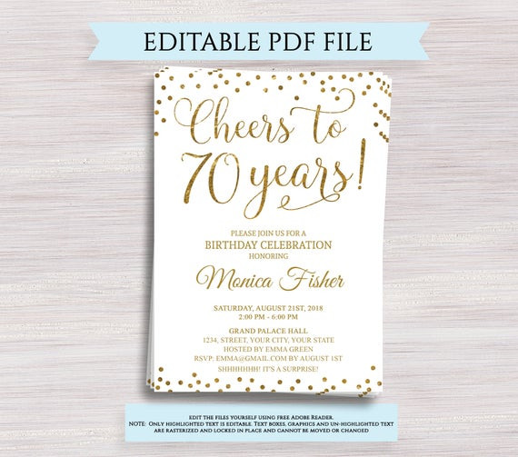 70th Birthday Invitation Wording
 Editable 70th Birthday Party Invitation template Cheers to