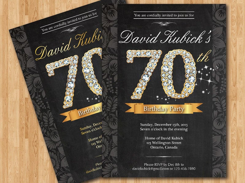 70th Birthday Invitations
 70th Birthday Invitation Black and gold diamond number