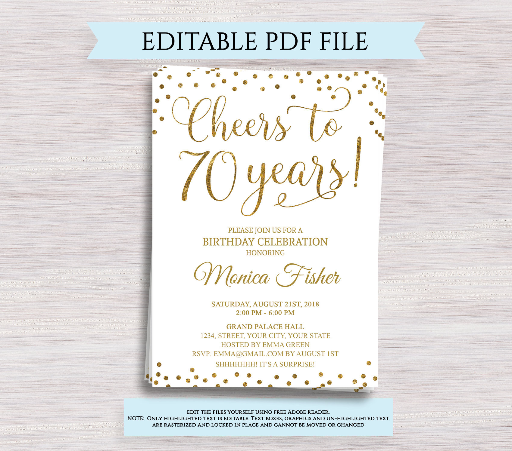 70th Birthday Invitations
 Editable 70th Birthday Party Invitation template Cheers to