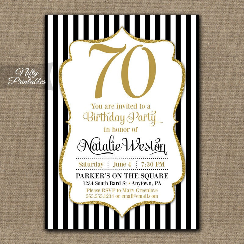 70th Birthday Invitations
 70th Birthday Invitations Black & Gold Glitter 70 Seventy
