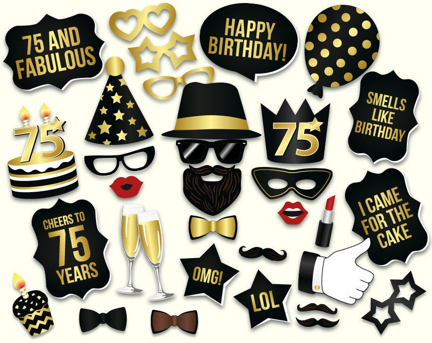 75 Birthday Decorations
 75th birthday photo booth props printable PDF Black and gold