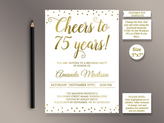 75th Birthday Invitations
 EDITABLE 75th Birthday party Invitation template Cheers to